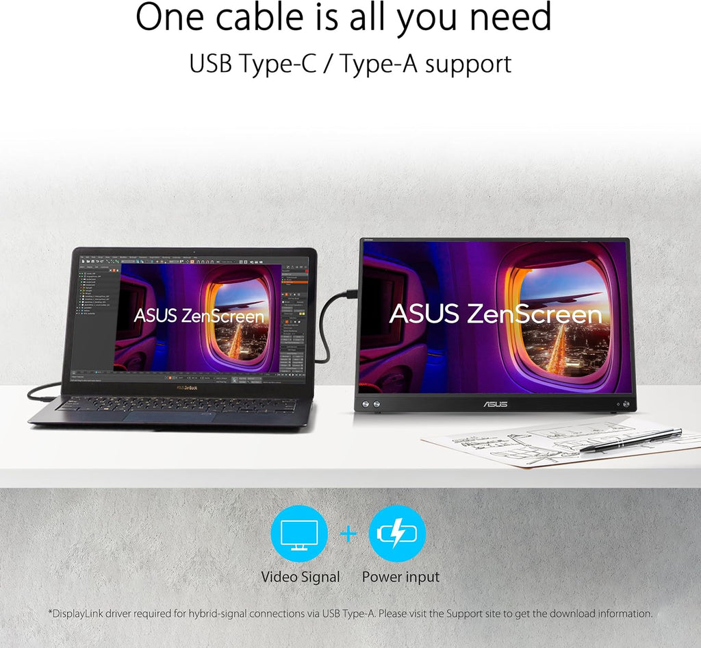 ASUS ZenScreen 15.6' 1080P Portable Monitor (MB16ACVR) - Full HD, IPS, Eye Care, USB-C Power Delivery Monitor (Renewed)