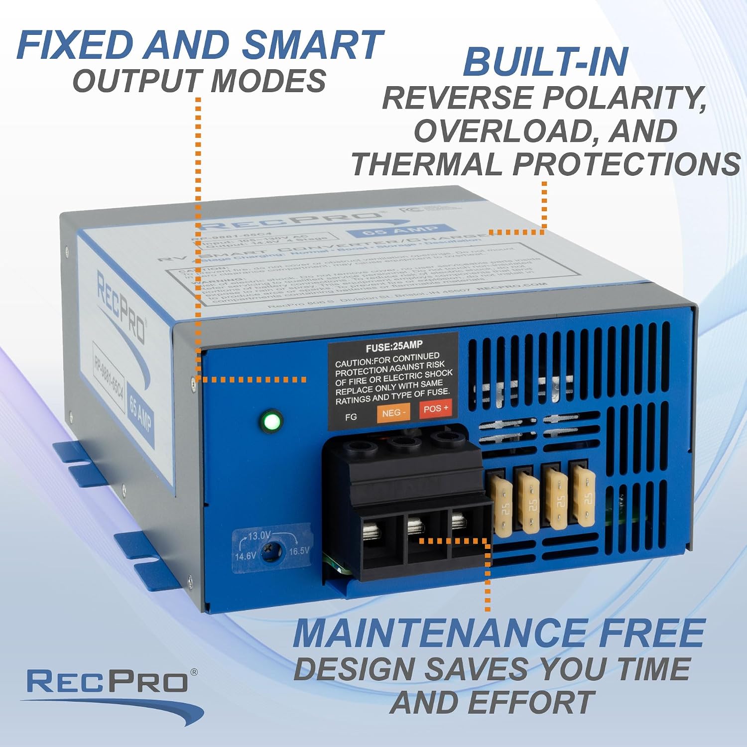 RecPro RV Converter 65 Amp | RV Power Converter & Battery Charger | 4 Stage Smart Charging | 120VAC to 12VDC | 13V to 16.5V Operating Range