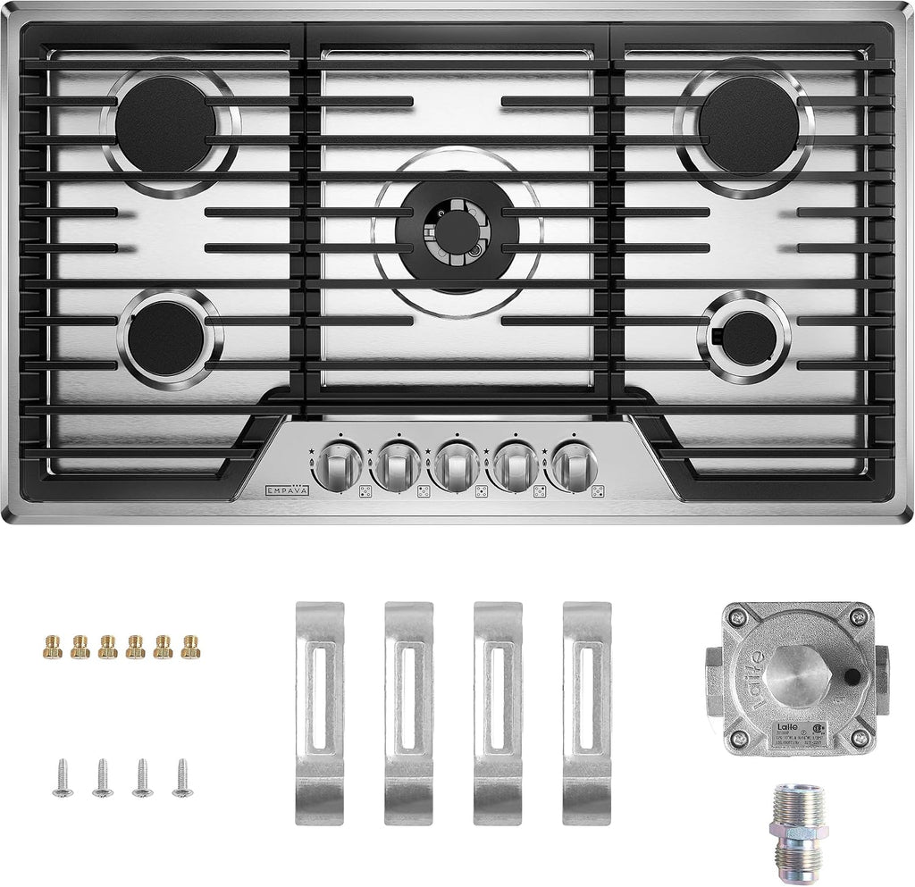 Empava 36 Inch Built-in Gas Cooktop with 5 Sealed SABAF Burners, Stainless Steel Surface, Ion Ignition, LPG/NG Convertible, Flame Failure Protection, Dishwasher Safe Grates