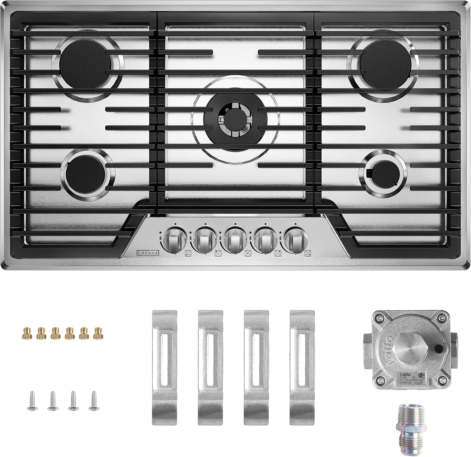 Empava 36 Inch Built-in Gas Cooktop with 5 Sealed SABAF Burners, Stainless Steel Surface, Ion Ignition, LPG/NG Convertible, Flame Failure Protection, Dishwasher Safe Grates