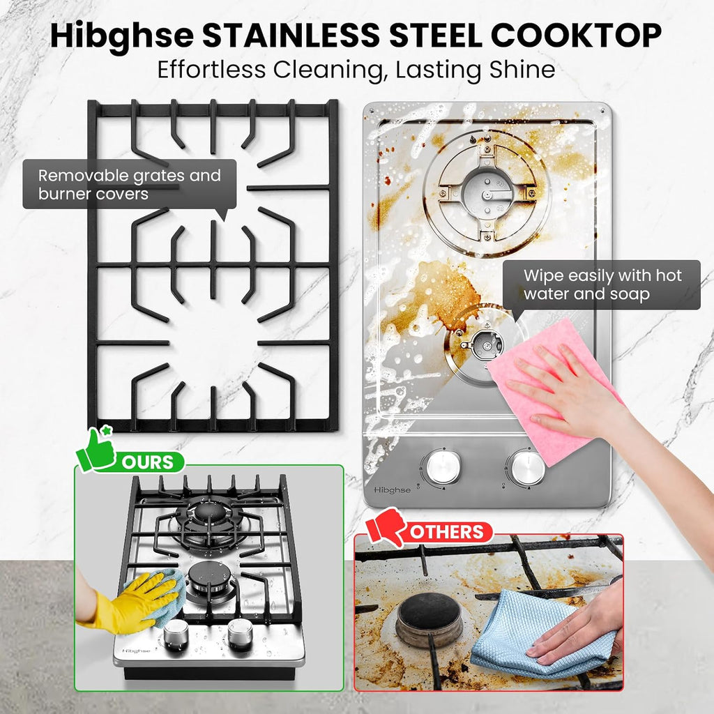 2 Burner Propane Stove, Hibghse 12 Inch Gas Cooktop Built-in Gas Stove NG/LPG Convertible Stainless Steel Stove Burner with Thermocouple Protection for Kitchen, Apartment, Outdoor, RVs