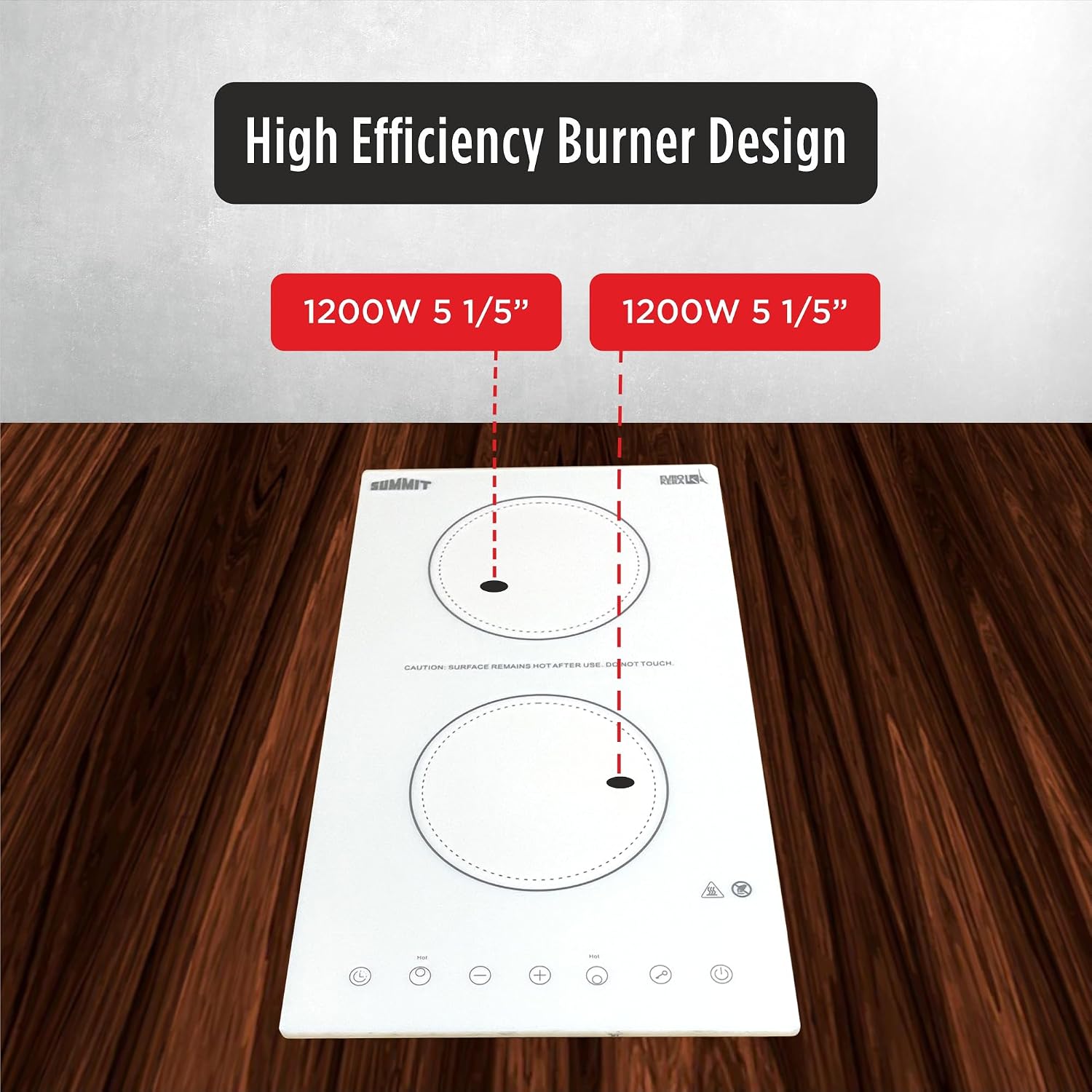 Summit Appliance CR2B15T2WTK15 115V 2-Burner Radiant Cooktop in White Ceramic Glass Surface with Digital Touch Controls & Stainless Steel Frame to Allow Installation in 15' Wide Counter Cutouts