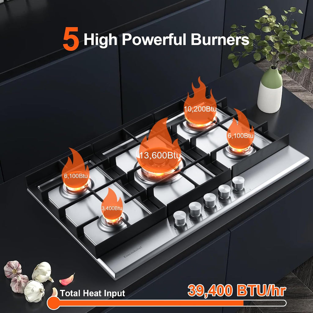 Eascookchef 30 inch Gas Cooktop, Gas Stove Top with 5 High Efficiency Burners, Bulit-in Stainless Steel Propane Cooktop for Kitchen, NG/LPG Convertible Stovetop, Thermocouple Protection