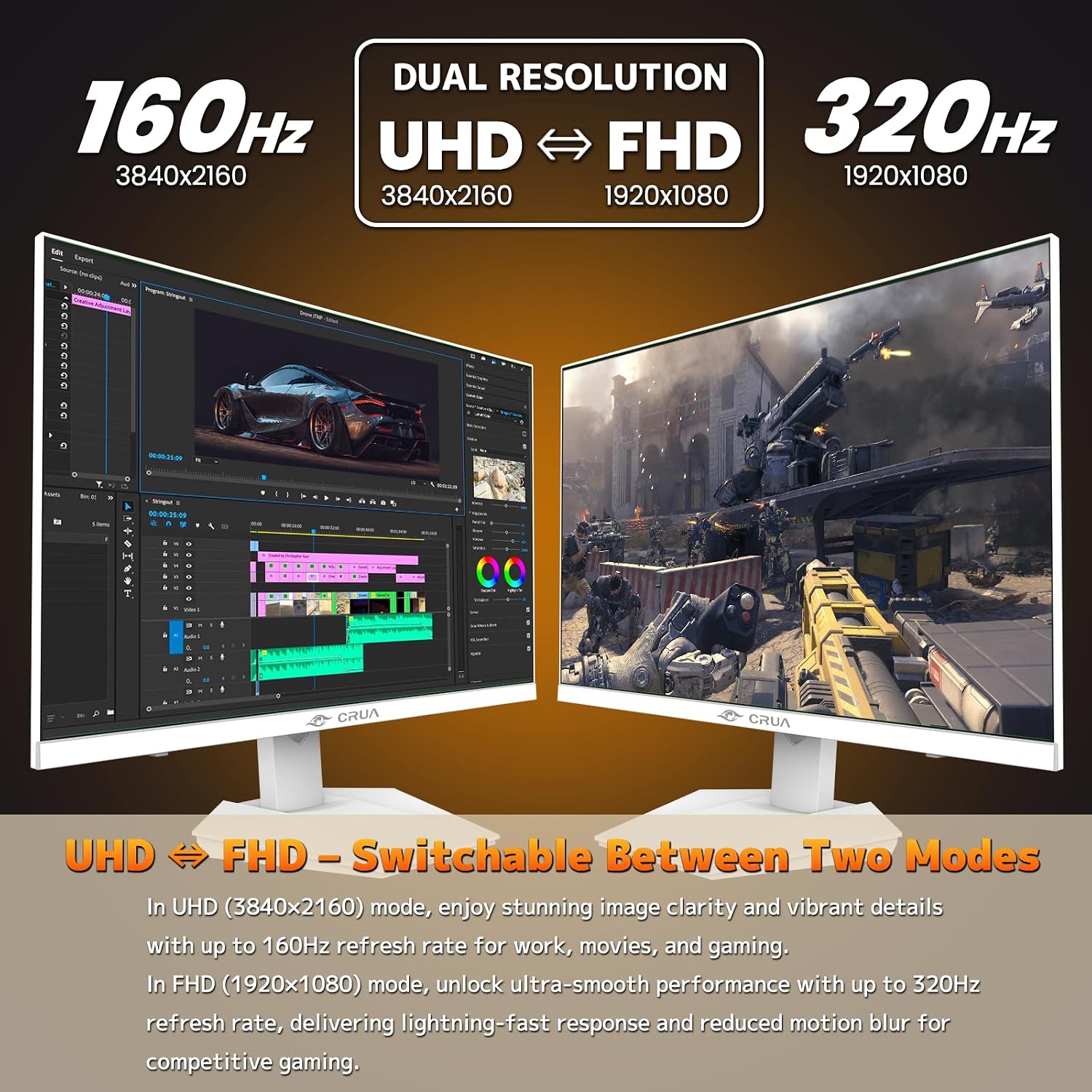 CRUA 27'' 4K Gaming Monitor, UHD 160Hz / FHD 320Hz Dual Mode IPS White Computer Monitors, Rotating/Pivot & Height-Adjustable, AMD FreeSync, Built-in Speakers, PIP/PBP, HDMI 2.1 & DP 1.4