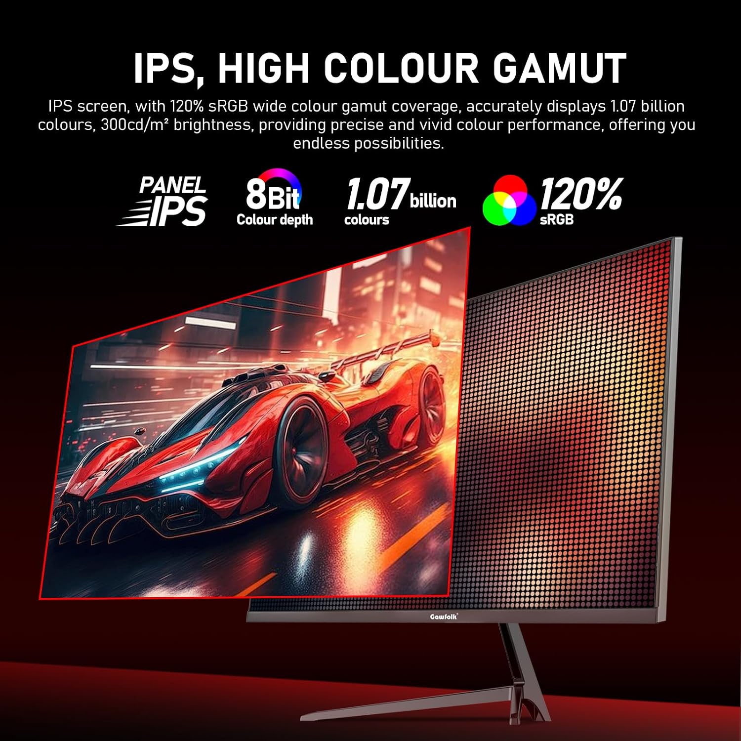 Gawfolk 27 inch IPS 2K QHD(2560×1440) PC Screen,320Hz Gaming Computer Monitor, 1ms Without Bezel, FreeSync,120% sRGB, HDMI2.0、DisplayPort, 75 * 75MM Wall Mount Compatible - Black