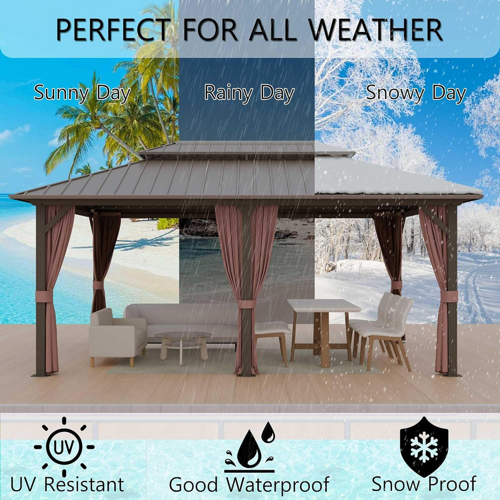 12'x18' Hardtop Gazebo, Outdoor Aluminum Frame Galvanized Steel Double Roof Pavilion with Netting and Shaded Curtains, Permanent Metal Pergolas for Patio, Backyard, Deck and Lawns.