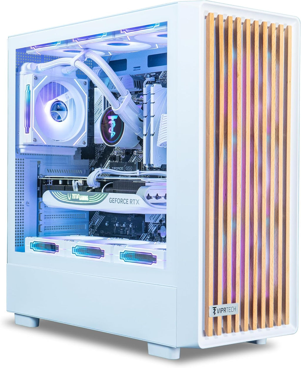 ViprTech Overlord 2.0 Liquid-Cooled PC - AMD Ryzen 7 5700X (4.6Ghz Turbo), AMD RX 9060 XT 16GB, 32GB DDR4 RAM, 1TB SSD, White Wood Case, RGB Keyboard Mouse, VR-Ready, WiFi BT, Win 11, Computer Tower