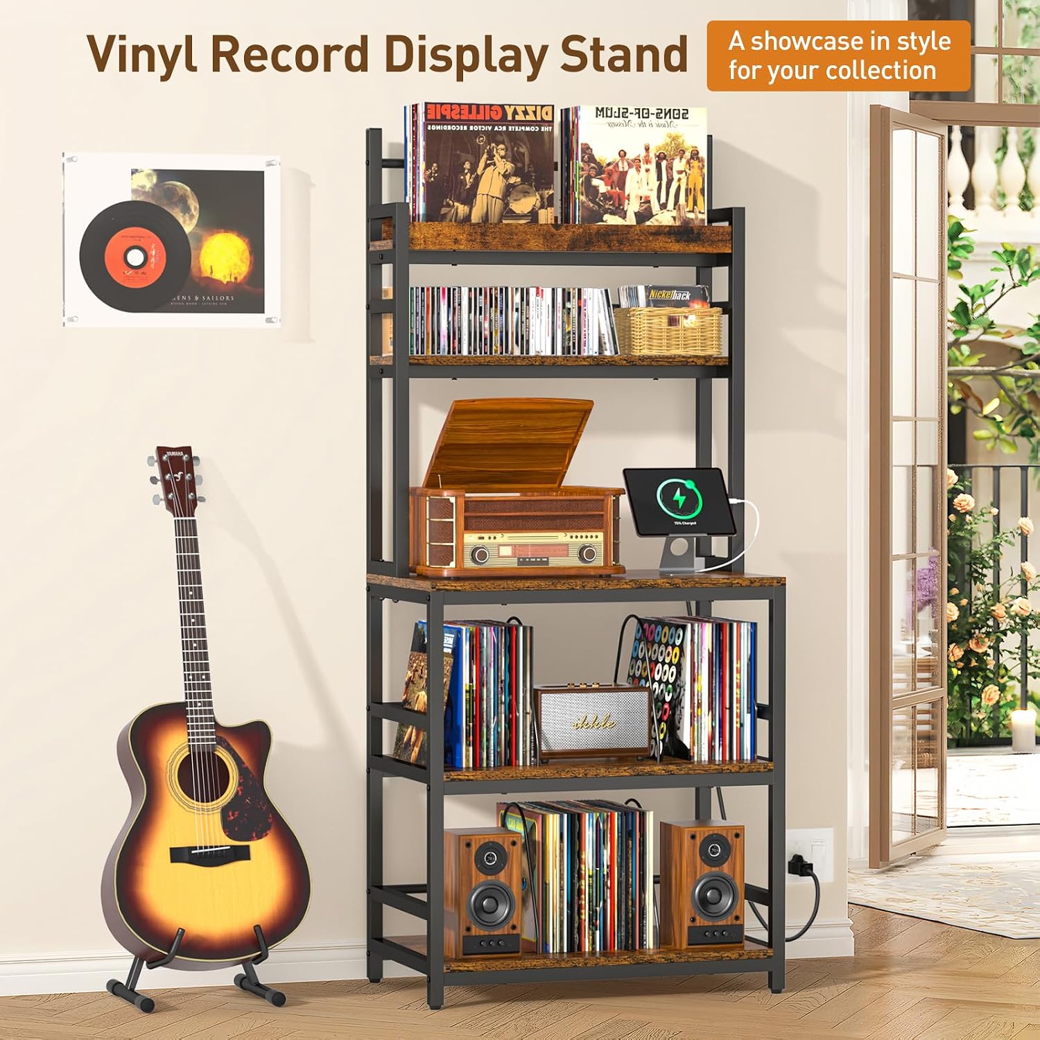 ikkle Record Player Stand with Vinyl Storage Shelf & CD/DVD Rack, 5-Tier Record Player Table w/Charging Station, Turntable Stand Vinyl Record Organizer for Living Room Bedroom, Holds Up 500+ Albums