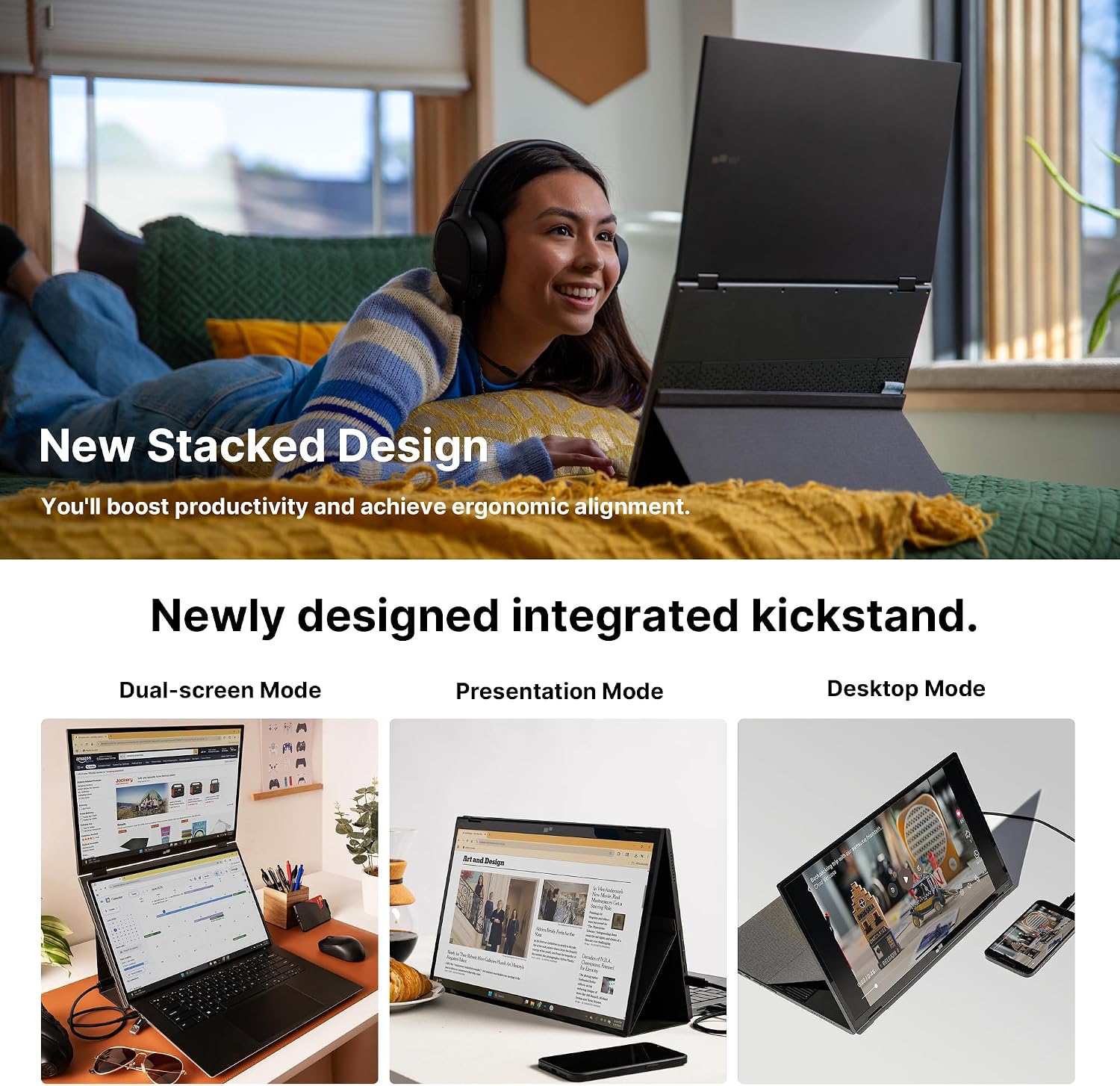 New Mobile Pixels Duex Float 2 Pro 2.5 K Portable Monitor, 16' Laptop Screen Extender (Built-in Kickstand), USB C/HDMI Stacked Monitor Extender with Dual Speakers, Windows, MacOS, Switch, Android