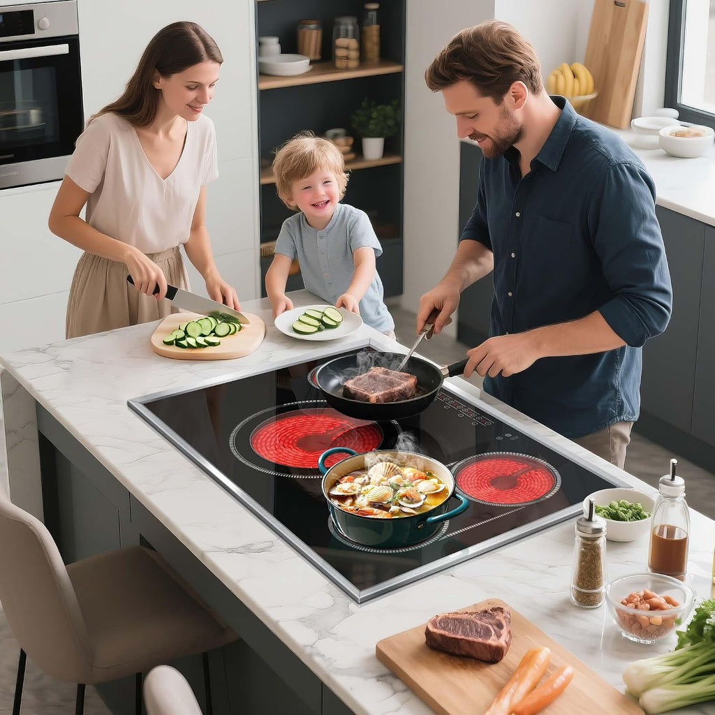 30 Inch Electric Cooktop, 4 Burner Electric Stove Top with Touch Control, 7800W Built-In Glass Stovetop with BBQ & Expandable Zone, 9-Level Adjustable, Child Lock, Timer, 220V-240V Hardwire