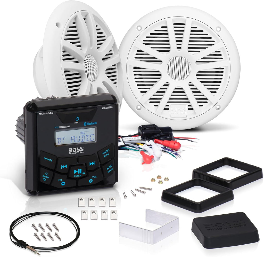 BOSS Audio Systems MCKGB450W.6 6.5 Inch Speakers & Marine Boat Gauge Stereo - Bluetooth Head Unit, No CD DVD Player, AM/FM Radio Receiver, NOAA Weather Band, IPX6 Weatherproof, USB