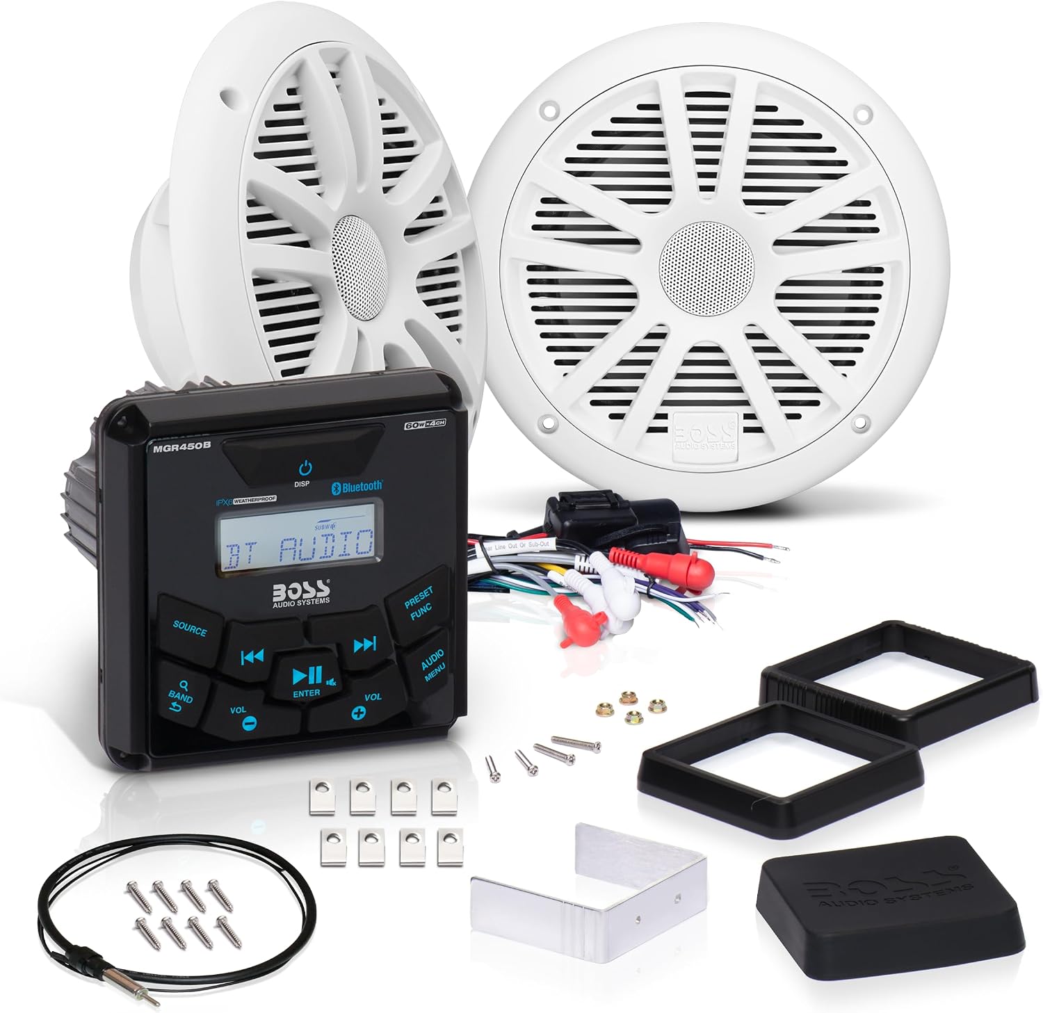 BOSS Audio Systems MCKGB450W.6 6.5 Inch Speakers & Marine Boat Gauge Stereo - Bluetooth Head Unit, No CD DVD Player, AM/FM Radio Receiver, NOAA Weather Band, IPX6 Weatherproof, USB