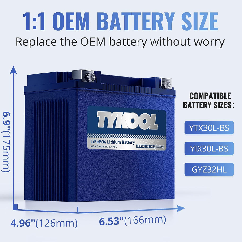 TYKOOL LFP30L-BS-PRO Lithium LiFePO4 Battery 18Ah 800CCA, LCD Readout IP66,Compatible with Harley Touring Road Glide Street Glide, Polaris RZR Ranger 1000, Can-Am Defender Maverick, Replaces YTX30L-BS
