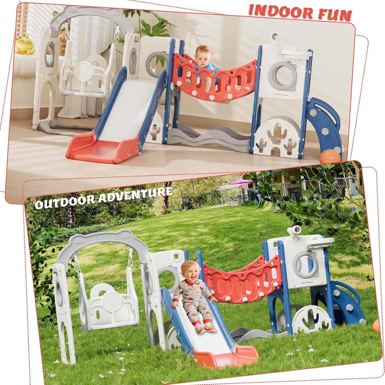 KORIMEFA 11 in 1 Toddler Slide and Swing Set, Kids Slide for Toddlers, Outdoor Indoor Playground for Toddlers 1-3, Toddler PlaySet with Basketball Hoop and Ball Golf Set, Climbing Arch(Red & Blue)