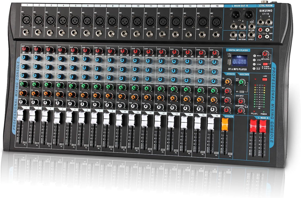 16 Channel Audio Interfacer Sound Board Mixer DJ Mixer 16-Bit DSP Effect USB Audio Mixer +48V Phantom Power Bluetooth Mixer for Karaoke Studio Streaming Recording,Live Streaming