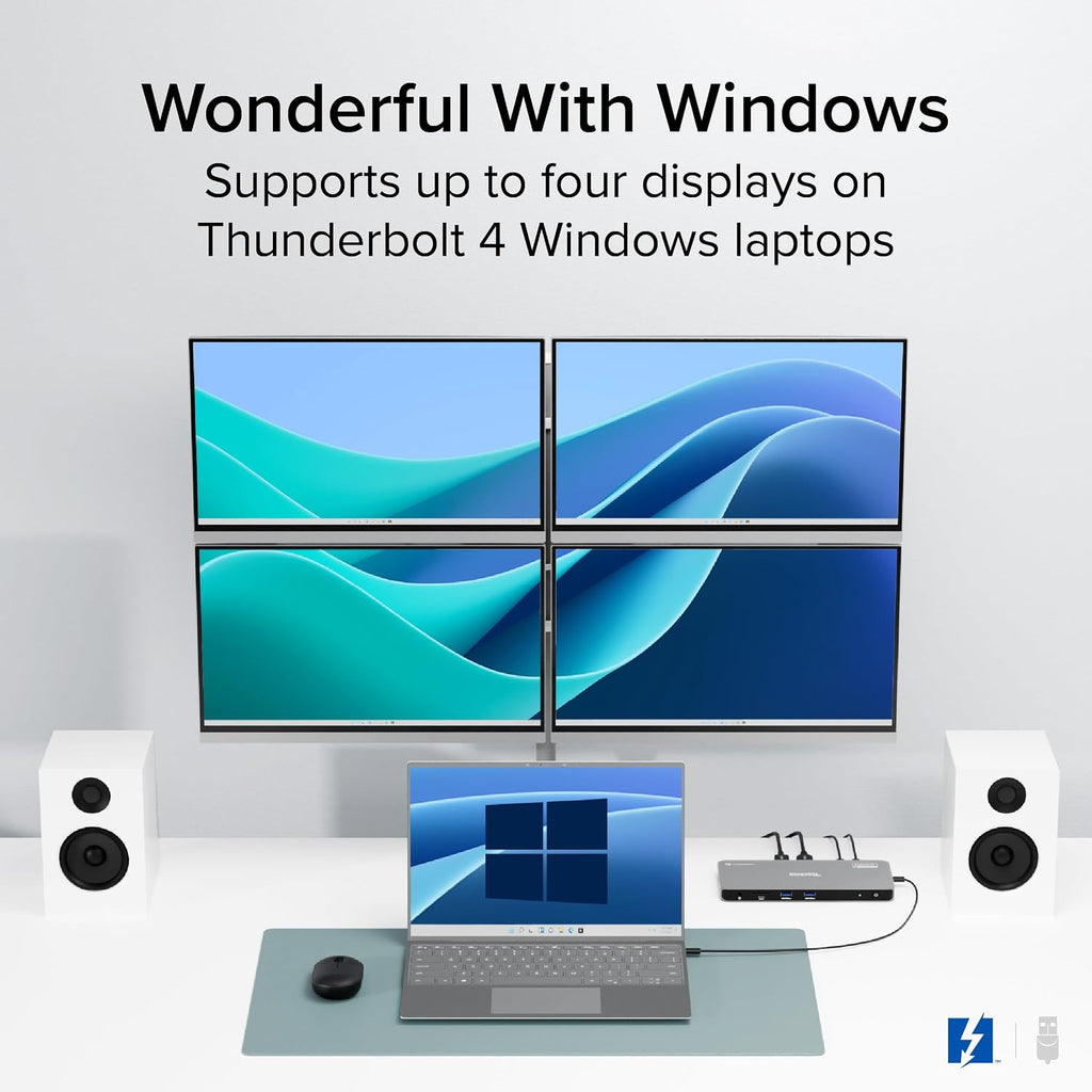 Plugable Thunderbolt 4 Dock for Quad Monitors 100W, Thunderbolt Docking Station Connects up to Four 4K Monitors for Windows and Mac Laptops, 2x HDMI, 4x Thunderbolt 4/USB C, Driver Required TBT-6950PD