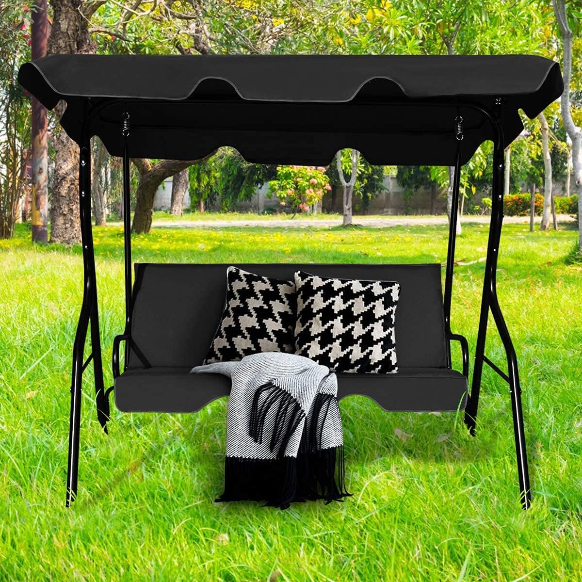 3-Seater Canopy Swing Chair, Waterproof Outdoor Swing Cushioned Seat with Adjustable & Removable Canopy, Steel Frame Polyester Fabric Oxford Cloth Patio Hammock Cover Top (Black)
