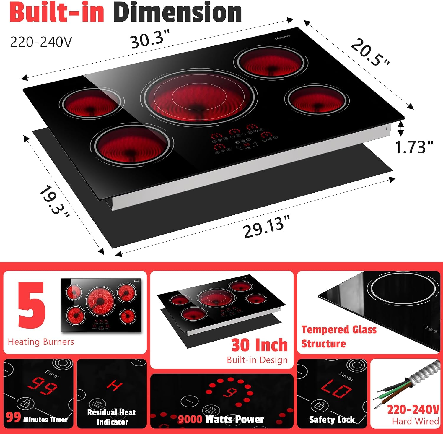 30 Inch Electric Cooktop - 9000W Powerful 5 Burner Electric Stovetop, 220V Built-in Ceramic Stove 30 Inches with Triple Ring, Timer, Safety Lock, Pause, 220V-240V Hard Wired (No Plug)
