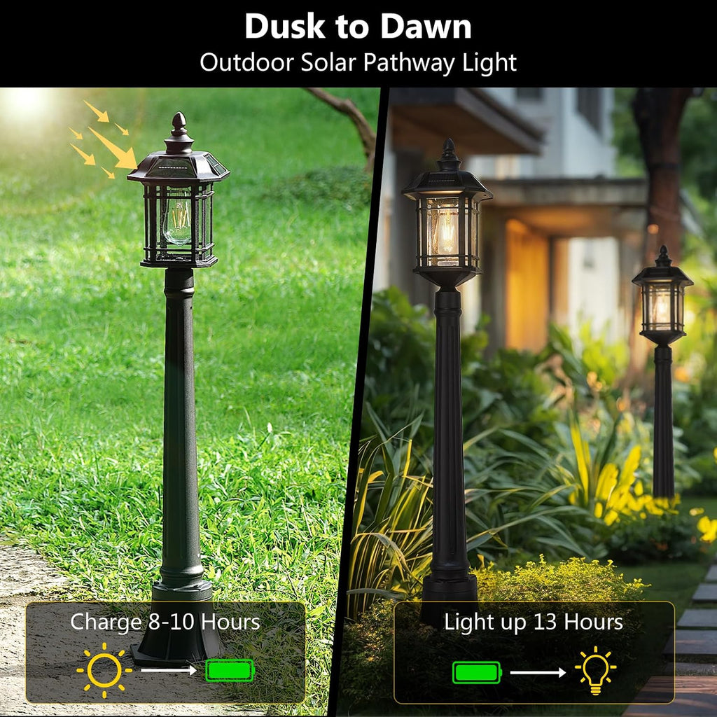 Emliviar Outside Solar Powered Post Light, Black Pathway Light with Remote Control, Dusk to Dawn LED Outdoor Solar Pole Lighting, Bulb Included, Seeded Glass, 2084PL-SL BK