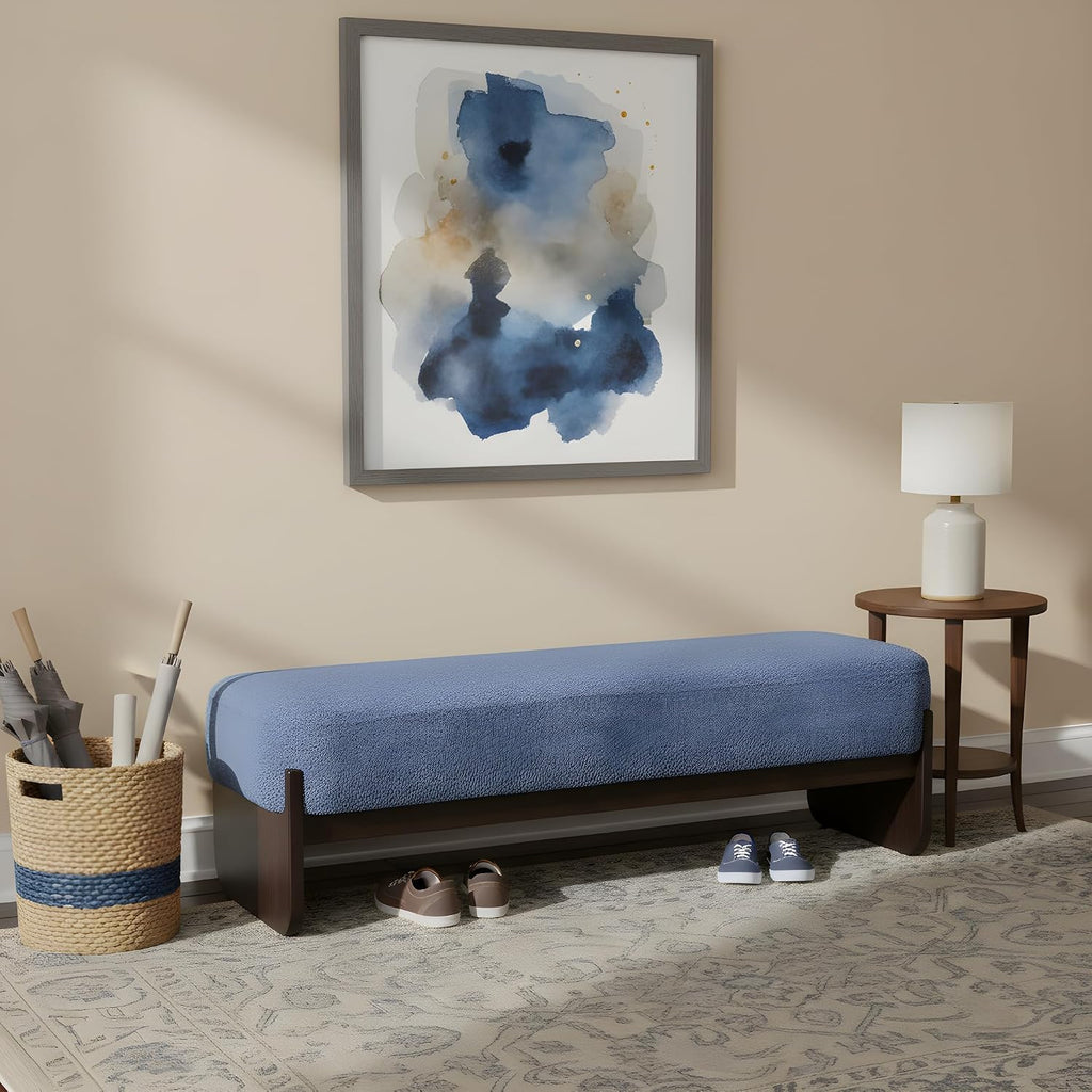 Christopher Knight Home Arden Minimalist Style Rectangular Loop Yarn Fabric Ottoman Bench, Rubberwood Frame, Entryway Bench, Living Room Sofa Extra Seat, End of Bed Footstool, Blue+Brown