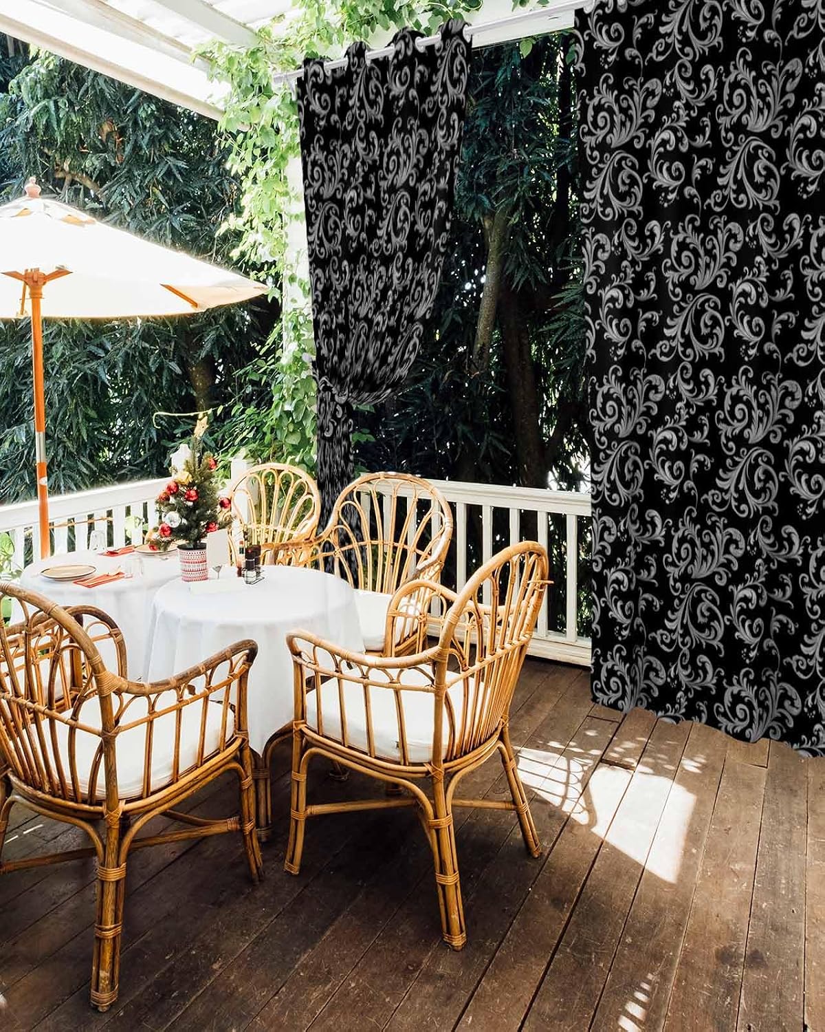 Outdoor Curtain for Patio Waterproof, Winter Christmas Retro Floral Pattern Black Outside Curtains with Grommet Top Curtain Panels Drapes for Pergola, Gazebo, Balcony 54' W x 95' L 2 Pcs