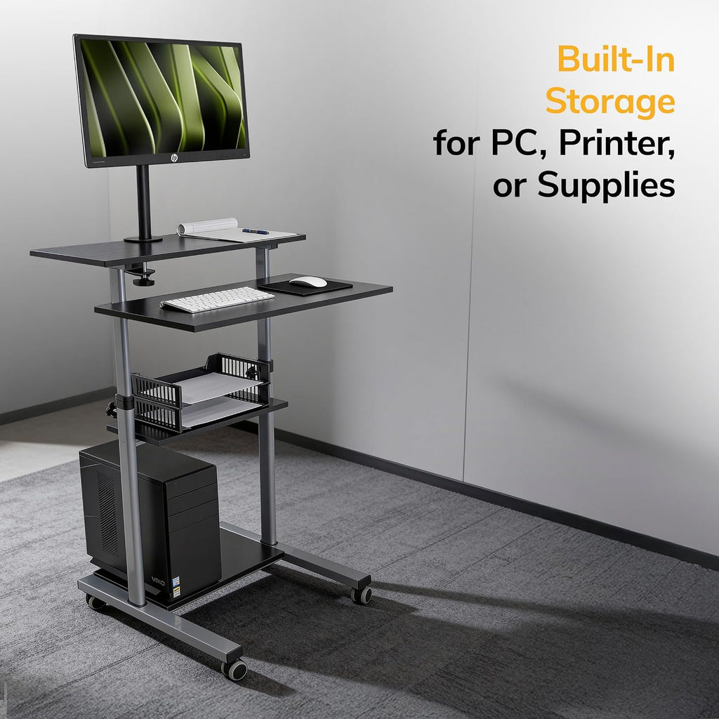 Mount-It! Mobile Computer Cart with Monitor Mount for Screen up to 32', Portable Desk on Wheels, Rolling Laptop Stand Teachers, Office, Classroom, Rise up to 53', Projector, Podium, Keyboard Tray