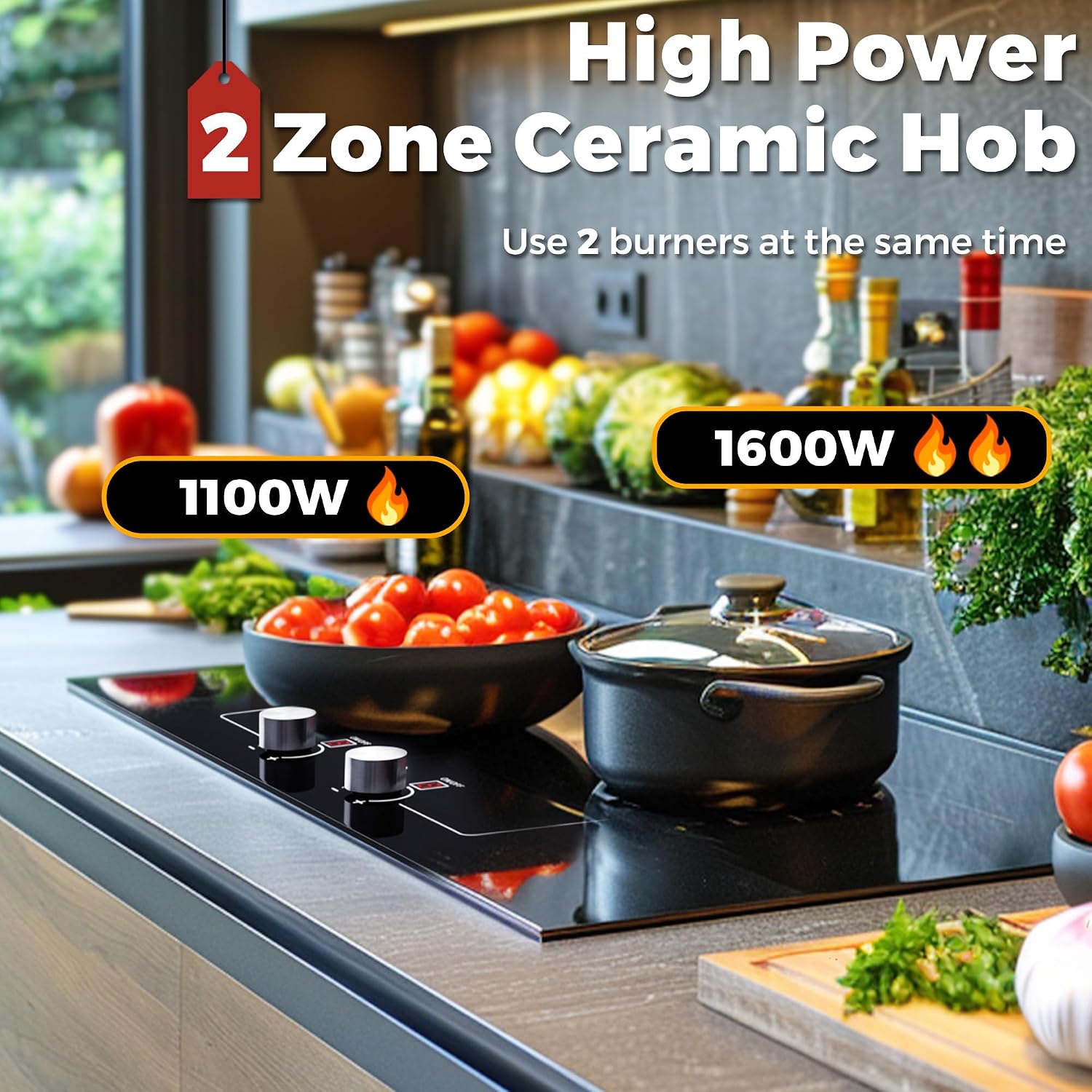ADVWIN Electric Cooktop, 2 Burner Knob Control Plug in Built-in Ceramic Electric Stove Top with Child Safty Lock & Timer & Over-Temperature Protection & 10 Power Setting (2burners)