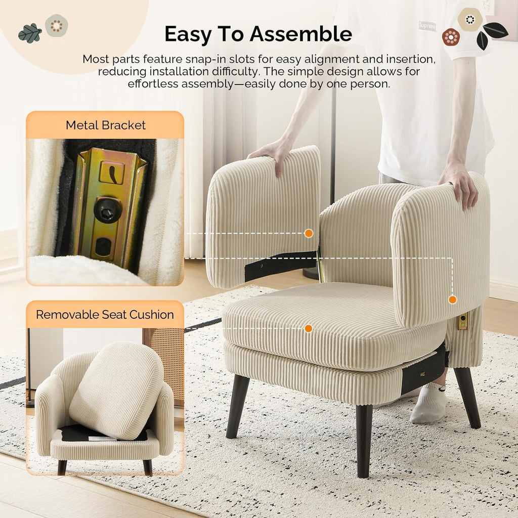 VINGLI 30.3' Wide Modern Barrel Accent Armchair with Track Armrest, Solid Wooden Legs, Comfy Upholstered Club Chair, Round Single Home Sofa for Living Room, Bedroom, Reading Room, Corduroy Beige