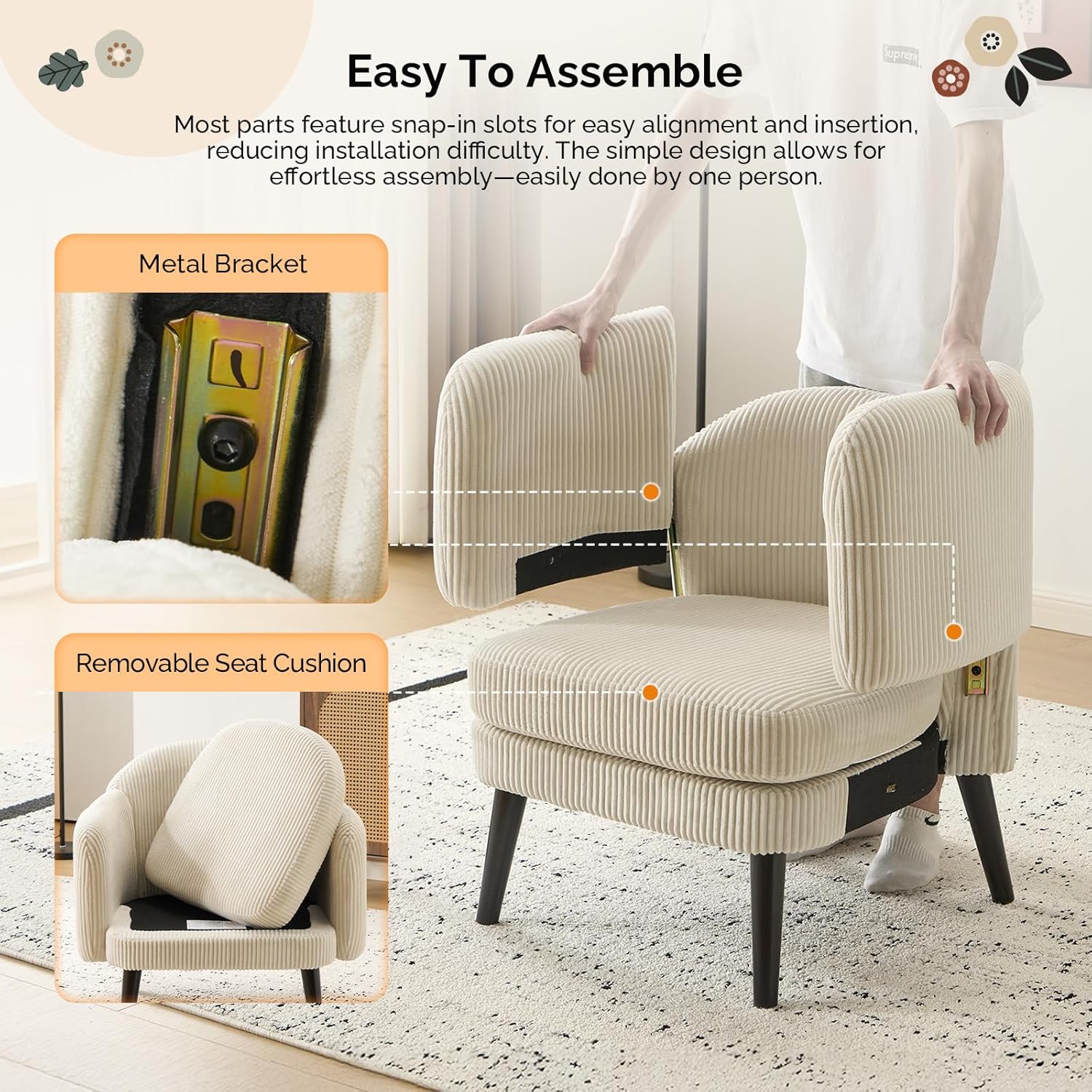 VINGLI 30.3' Wide Modern Barrel Accent Armchair with Track Armrest, Solid Wooden Legs, Comfy Upholstered Club Chair, Round Single Home Sofa for Living Room, Bedroom, Reading Room, Corduroy Beige