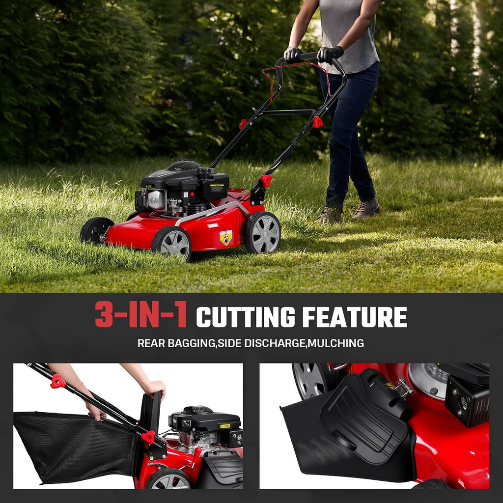 Self-Propelled Gas Lawn Mower, 131cc Engine 18-Inch Walk-Behind Push Mower with 50L Grass Bag, 3-in-1 Cutting, 8-Level Height Adjustment and Foldable Design