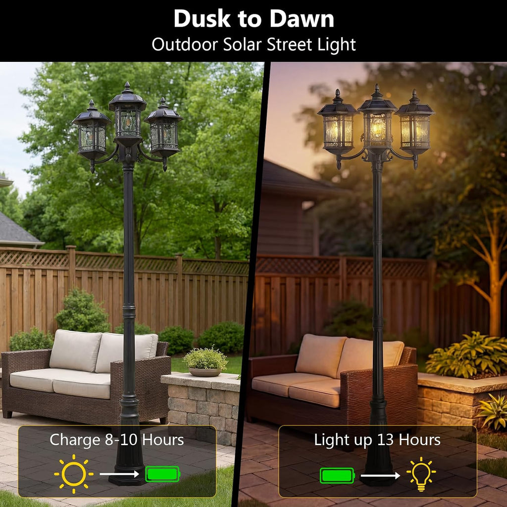 Emliviar 3-Head Outdoor Street Lights Solar Powered, Aluminum Post Lamp 100.4' Dusk to Dawn, Black Solar Column Lighting with Water Ripple Glass, 2084PL-3 SL BK-SW