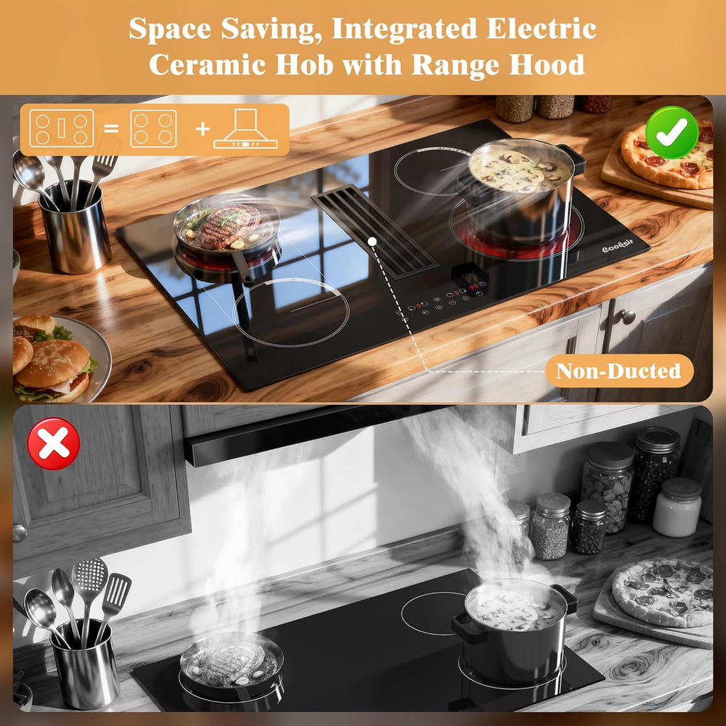 30 Inch Electric Cooktop with Ductless Downdraft - 4 Burner Built-in Stove 7400W, 30' Electric Stove Downdraft Range Hood 135W, Timer, Safety Lock, 220V Hard Wired, Recirculating Air Vent
