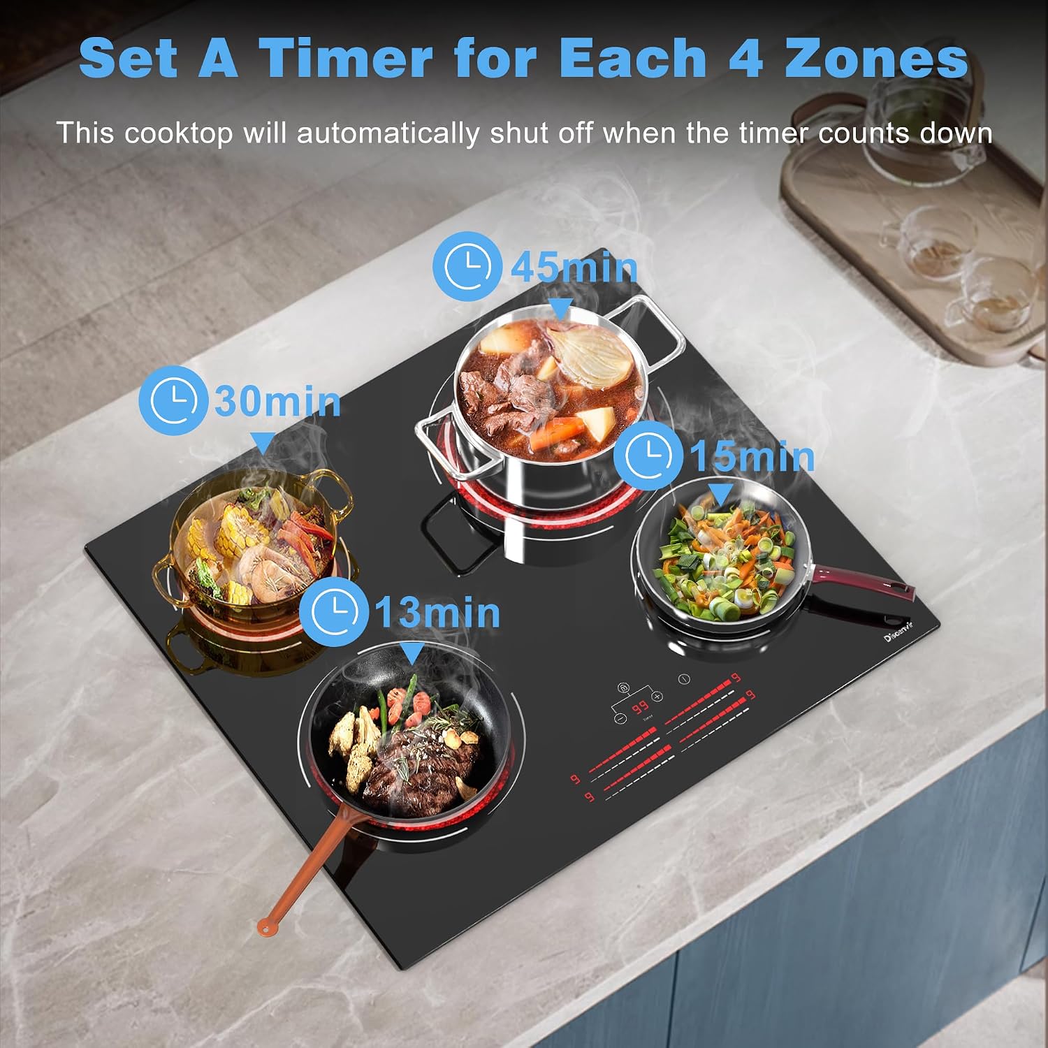 4 Burner Electric Cooktop - 24 Inch Electric Stove Top 6000W High Power Built-in, Ceramic Cook Top with Safety Lock, 99 Min Timer, Sensor Touch, 220V - 240V Hard Wired (No Plug)