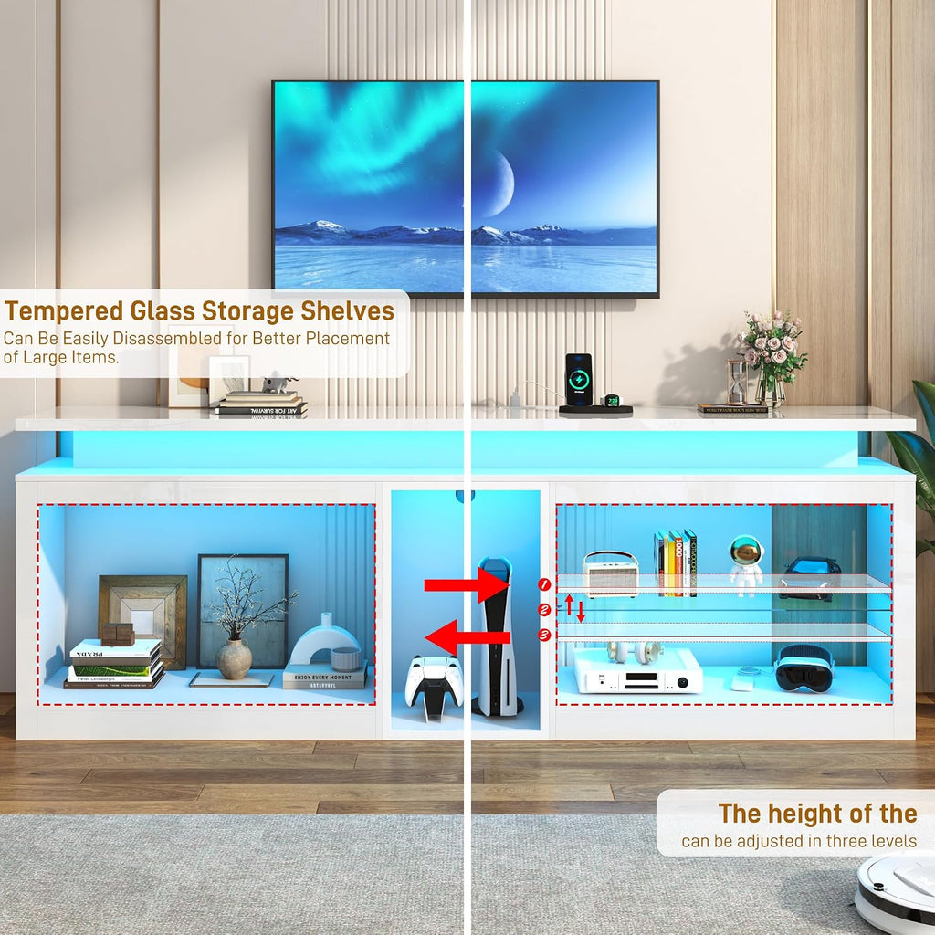 80' LED TV Stand with Power Outlet,60-Colors LED Lights For 80 85 90in TV,High Gloss Gaming Entertainment Center w/Adjustable Shelves,White TV Console with Modern Design for Living Room Bedroom