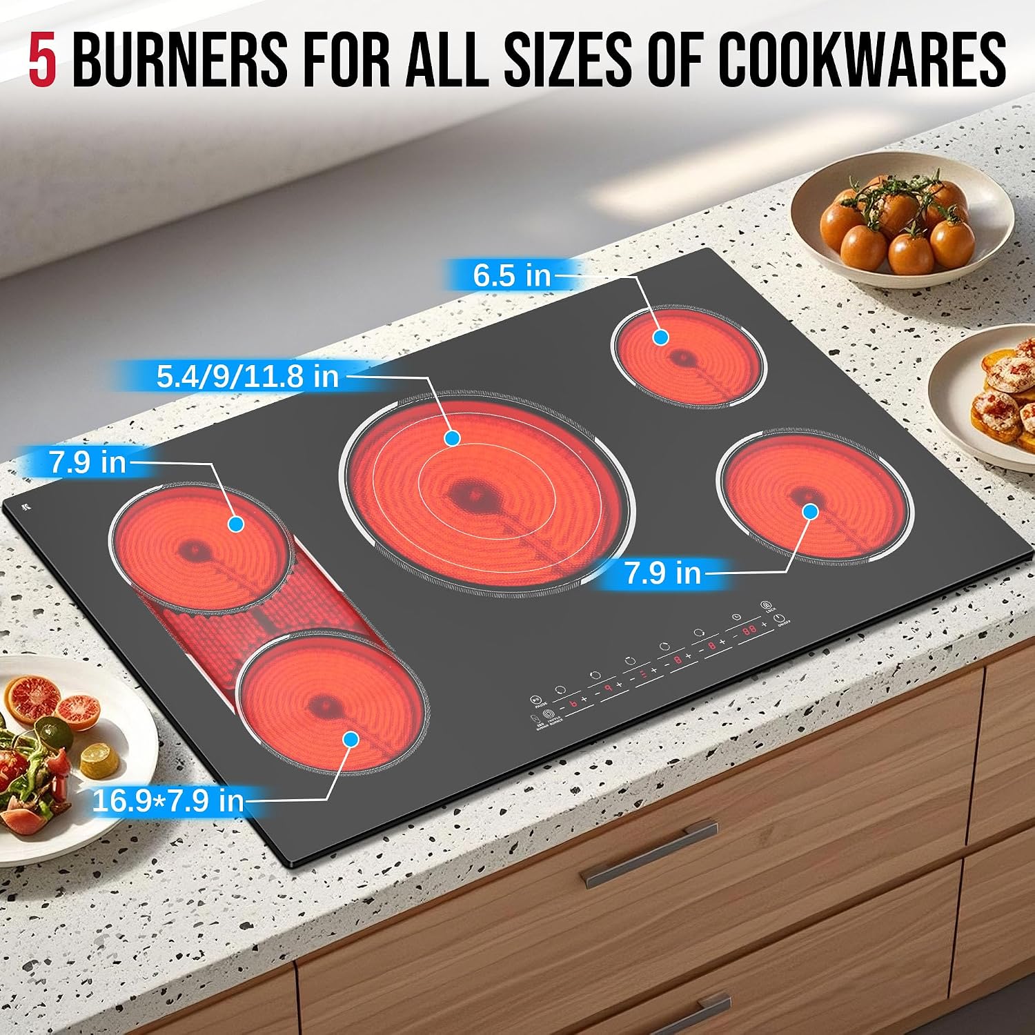5 Burner Electric Cooktop, 36 Inch Electric Stovetop 9600W, Built-in Ceramic Hob with BBQ Burner, Touch Control, Child Safety Lock, Timer, Pause, 220-240V, Hard Wire, No Plug