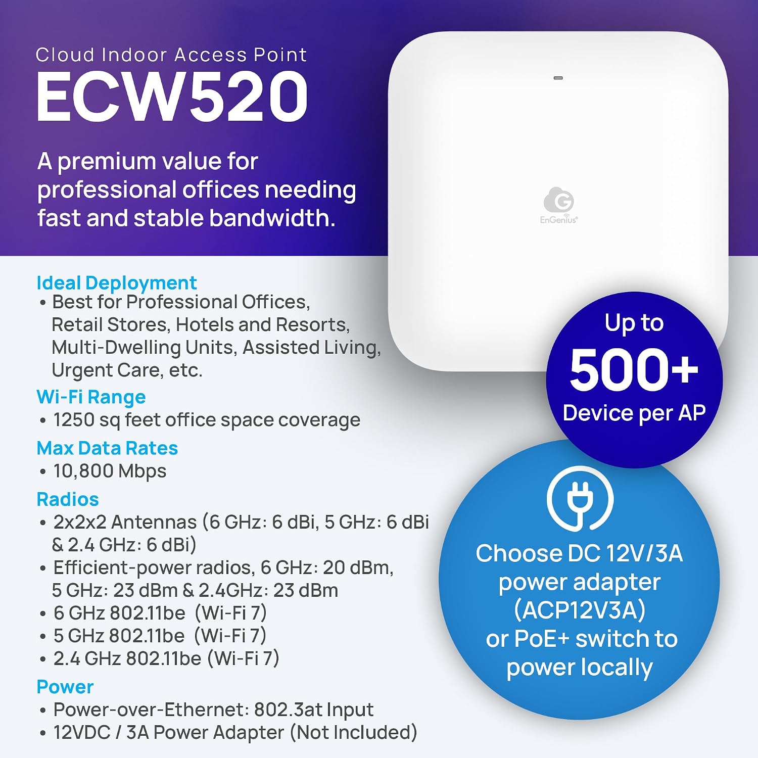 EnGenius ECW520 Wi-Fi 7 Tri-Band Indoor Access Point – 10.8 Gbps Speeds, 2x2x2 MU-MIMO, 2.5GbE PoE+, 2.4/5/6GHz, 320MHz Channels, 1,200 Sq Ft Coverage, Cloud Managed, AC Adapter NOT Included