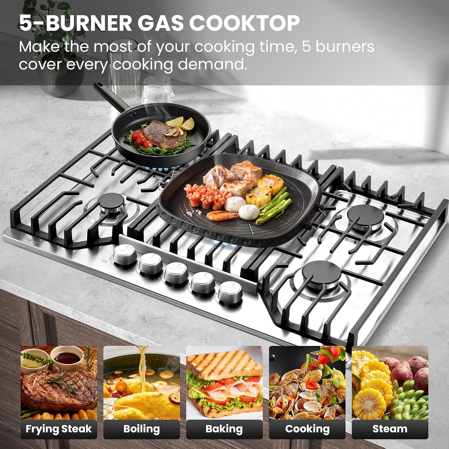 Gas Cooktop 30 inch with 5 Sealed Burners, Built-in Gas Stove Top Stainless Steel Propane Cooktop with Thermocouple Protection, NG/LPG Convertible