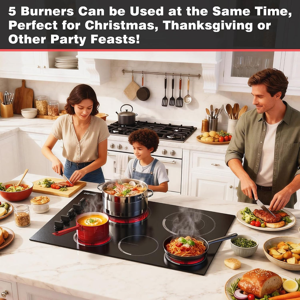 Upgraded 30 Inch Electric Cooktop 5 Burners - Powerful 8600W Built-in(29.13'x19.3') Electrical Stovetop, Electric Burner 30 In Knob Control, 99 MinsTimer, Safety Lock, 220-240V Hard Wire