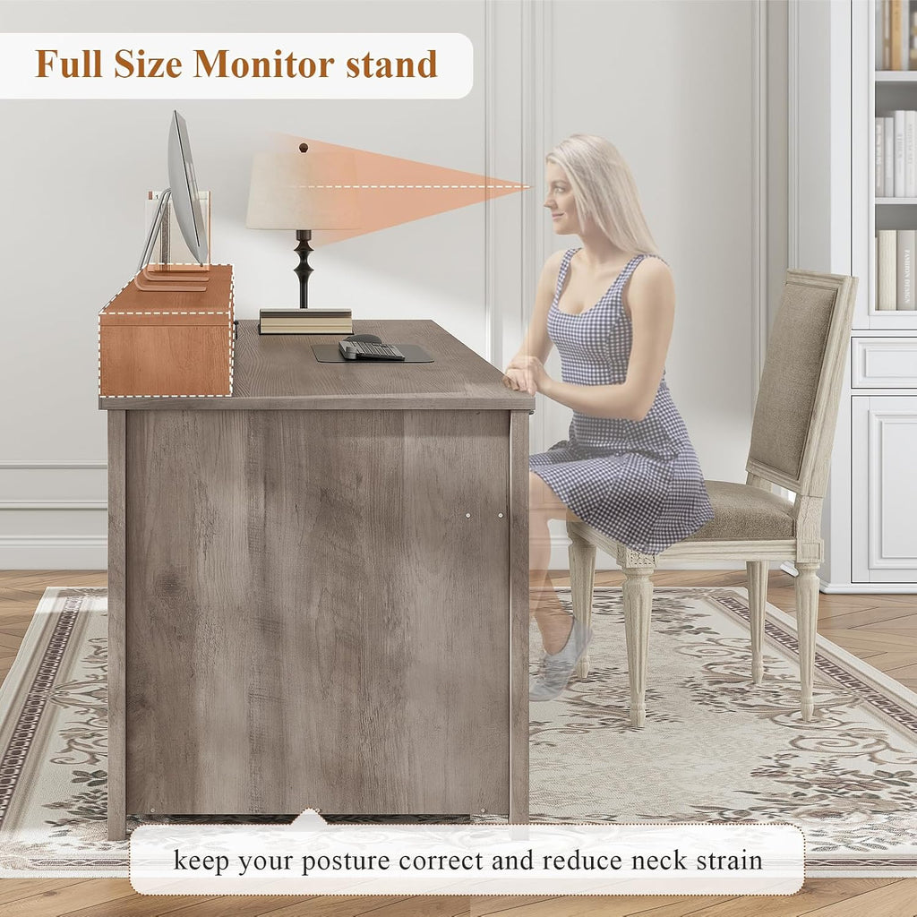 SEDETA Farmhouse 63' Executive Desk, Wood Computer Desk with Drawers and Storage Cabinet, Home Office Desk with File Drawer and Monitor Stand, Wood Desk for Work Study Writing, Grey