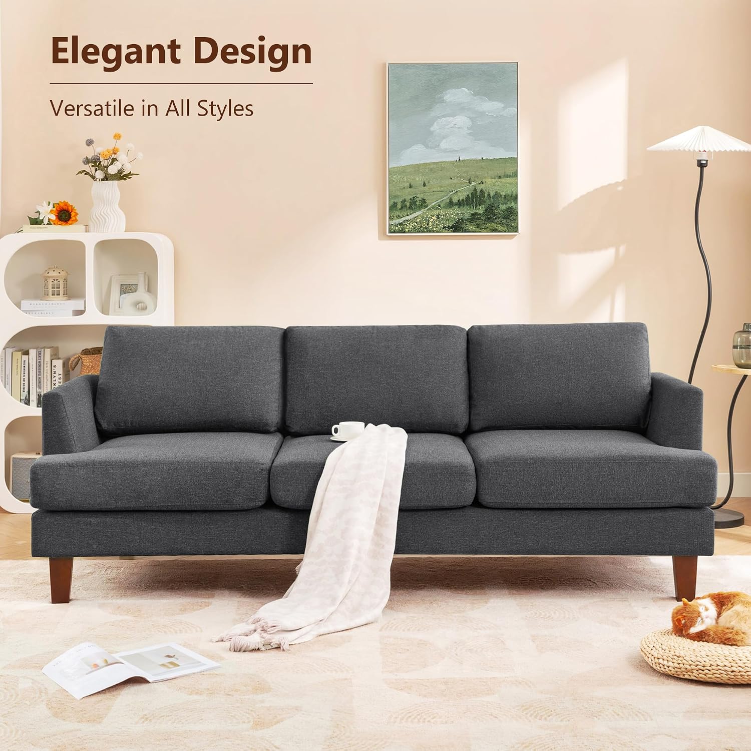Busaurus 3 Seater Sofa Couch with Deep Seats, 89' Mid Century Modern Upholstered Sofa with Armrests, Comfy Couches for Living Room, Bedroom, Apartment and Office (Dark Grey)