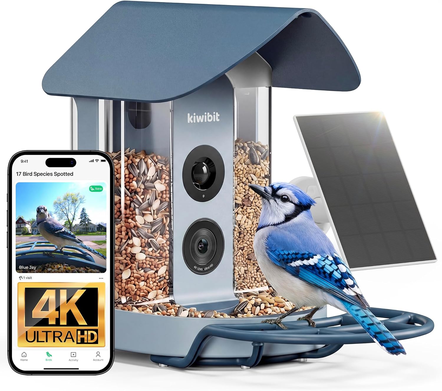 Kiwibit Smart Bird Feeder with Camera Solar Powered, 4K Video Live Stream, Wireless Outdoors Bird Camera, AI Identification Bird Species, Real-Time Bird Alert, Birdwatching Gift for Bird Lovers, Blue