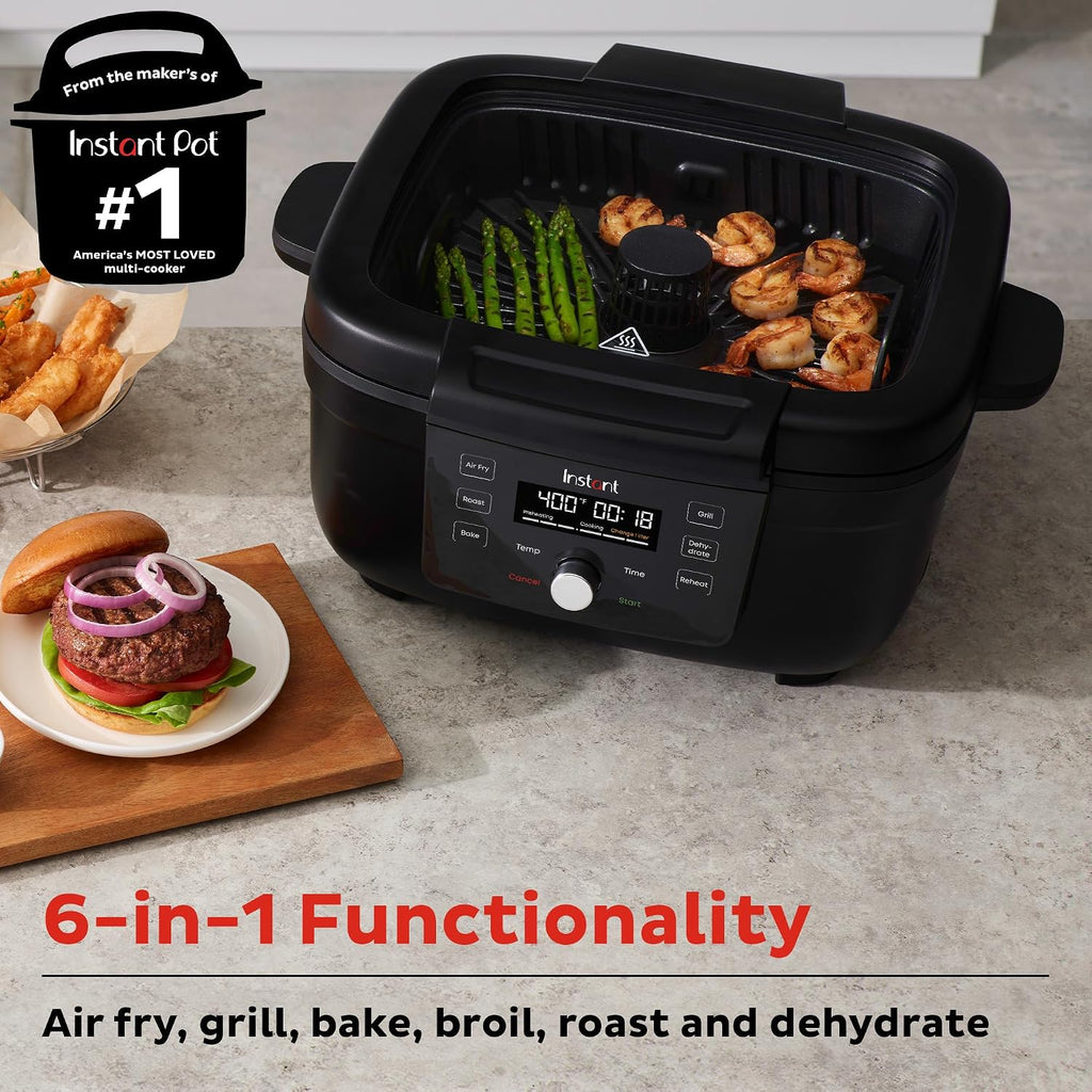 Instant Pot 6-in-1 Air Fryer and Indoor Grill with Bake, Roast Reheat & Dehydrate, From the Makers of Instant Pot, with Odor-Reducing Filter, Clear Cooking Window, and Removable Lid for Easy Cleaning