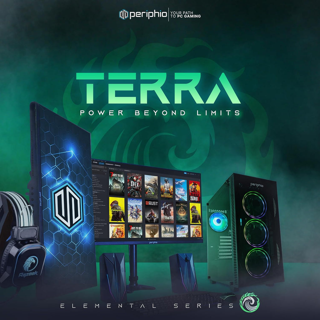 Periphio Terra Gaming PC, AMD Ryzen 5 5600GT up to 4.6 GHz with Radeon Vega 7 Graphics, 16GB RAM, 1TB NVMe SSD, WiFi, Windows 11 Desktop Computer, Black, 1080p PC Gaming, RGB Keyboard + Mouse Bundle