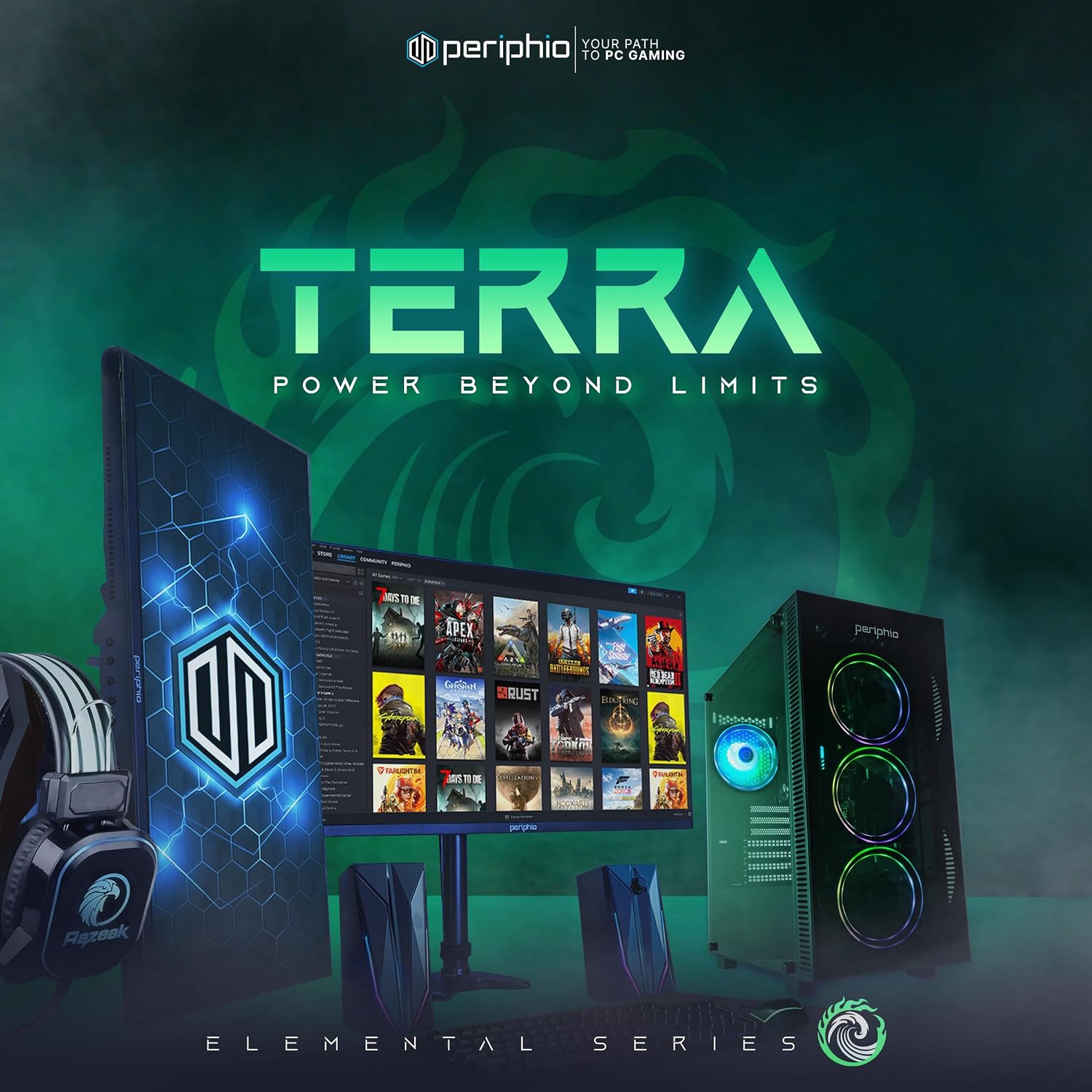 Periphio Terra Gaming PC, AMD Ryzen 5 5600GT up to 4.6GHz with Radeon Vega 7 Graphics, 16GB RAM, 1TBNVMe SSD, WiFi, Windows 11 Desktop Computer, Black, 1080p PC Gaming - RGB Gamer Bundle, No Monitor