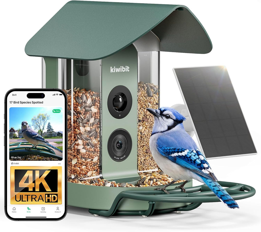 Kiwibit Smart Bird Feeder with Camera Solar Powered, 4K Video Live stream, Wireless Outdoors Bird Camera, AI Identification Bird Species, Real-Time Bird Alert, Birdwatching Gift for Bird Lovers, Green