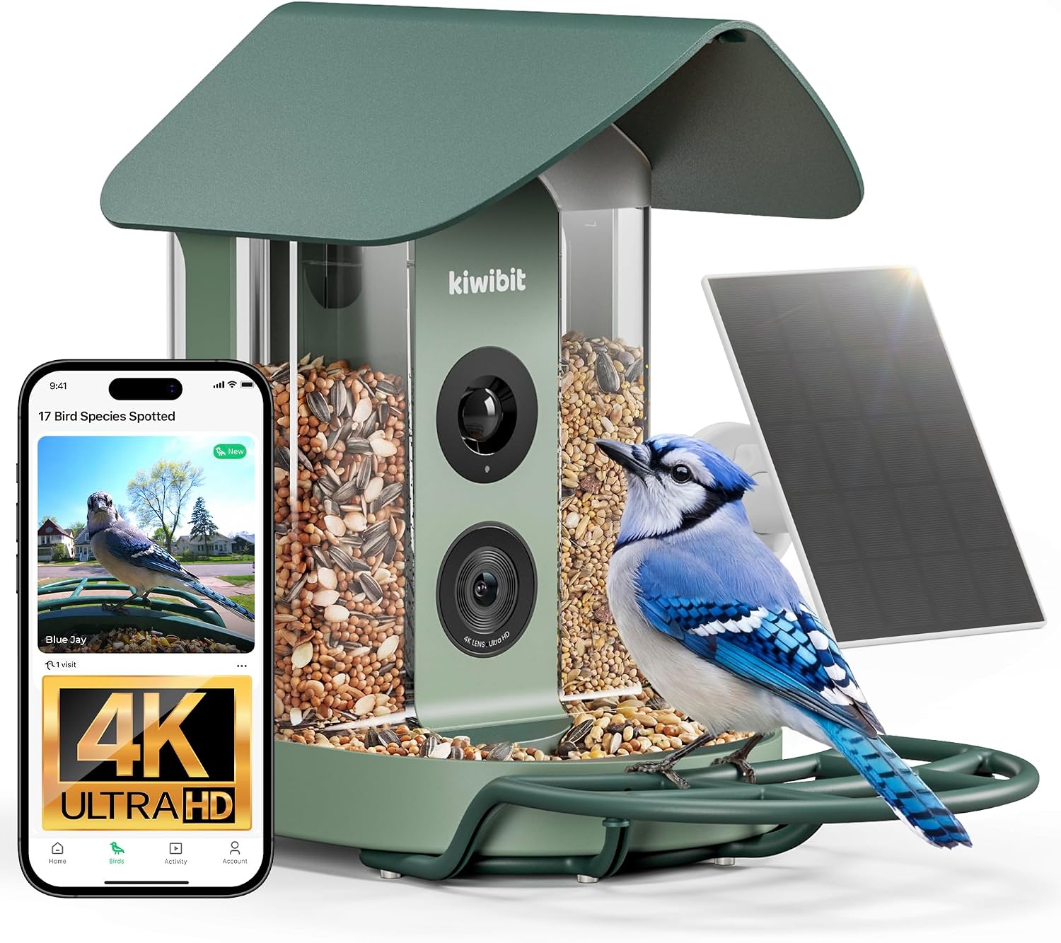 Kiwibit Smart Bird Feeder with Camera Solar Powered, 4K Video Live stream, Wireless Outdoors Bird Camera, AI Identification Bird Species, Real-Time Bird Alert, Birdwatching Gift for Bird Lovers, Green