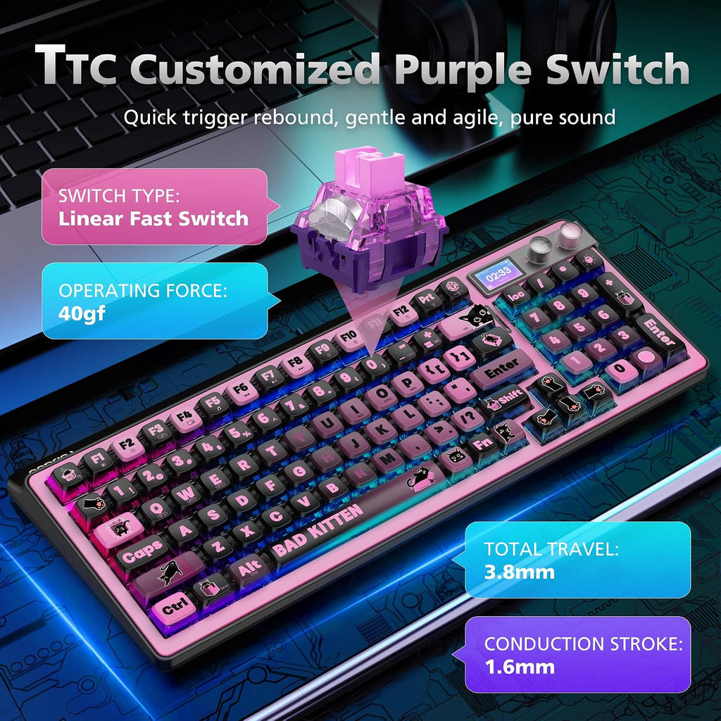 H98 Wireless Mechanical Keyboard,96-Key Hot-Swappable Wired Gaming Keyboard,Tri-Mode Bluetooth 5.0 2.4G USB-C,1.14' Color Screen,Double Knob,6000mAh,RGB,PBT Keycaps for PC Mac iPad-Black