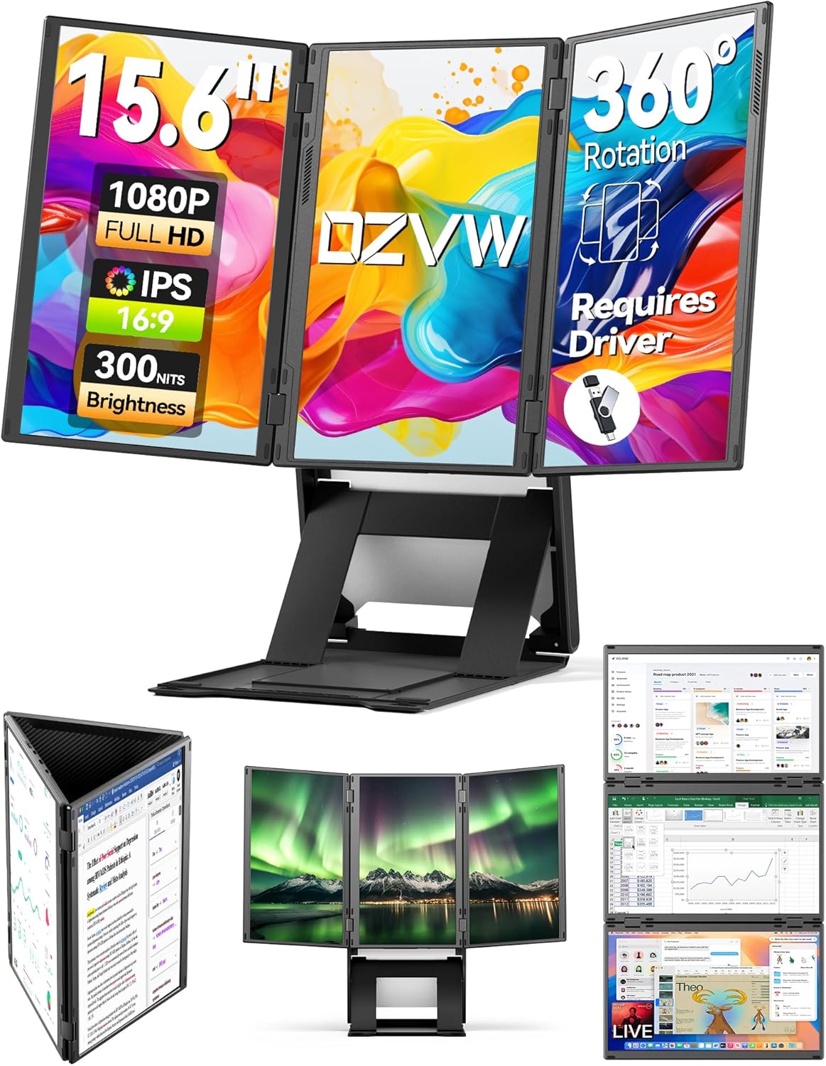 Quad Laptop Screen Extender 15.6' FHD 1080P Quad Monitor, Three Screen Combine into One Giant Canvas with 1 Cable, Driver＆Power Required, Compatible with Wins & Mac(M1/M2/ M3)
