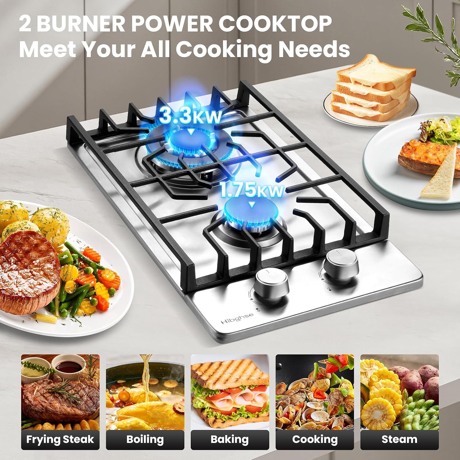 2 Burner Propane Stove, Hibghse 12 Inch Gas Cooktop Built-in Gas Stove NG/LPG Convertible Stainless Steel Stove Burner with Thermocouple Protection for Kitchen, Apartment, Outdoor, RVs