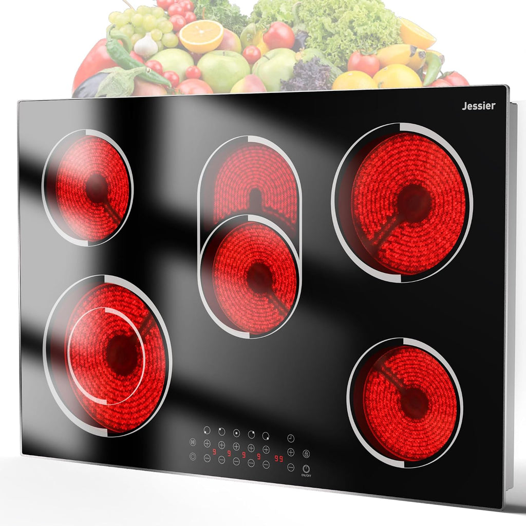 30 Inch Electric Cooktop - 30 Inches Electric Stove 8400W, 5 Burner Ceramic Stovetop Built-in(29.13'x19.3') with Metal Frame, 99 Mins Timer, Safety Lock, Dual Ring, 220V Hard Wired (No Plug)